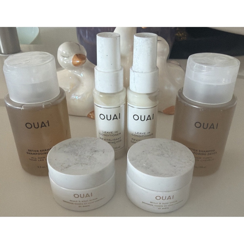 OUAI Travel Haircare Set 6 Pc 2x Leave In Conditioner Detox Shampoo Scalp Scrub